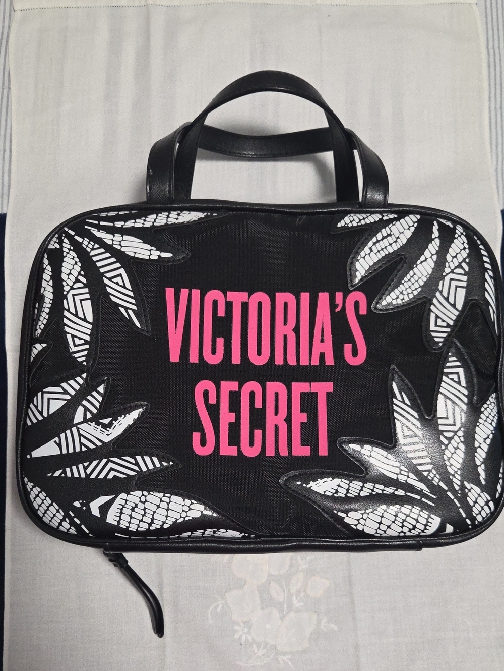 Victoria's Secret Black Cosmetic Case with Pink Logo and White Leaf Accents